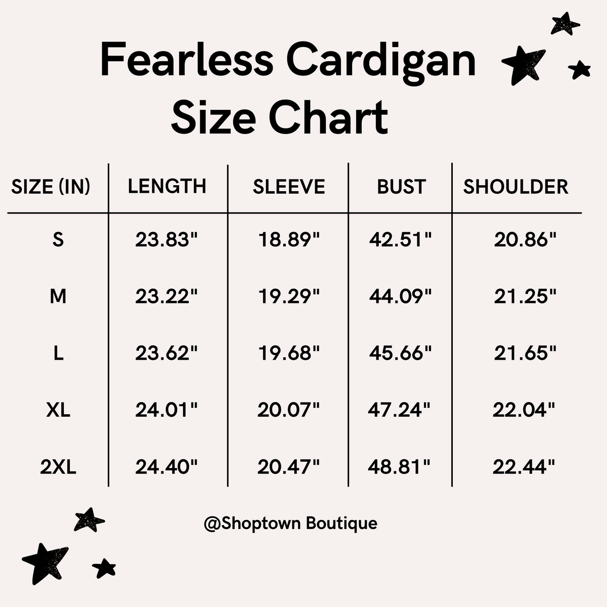 Fearless Cardigan Taylors Version Size Chart - Shoptown Boutique