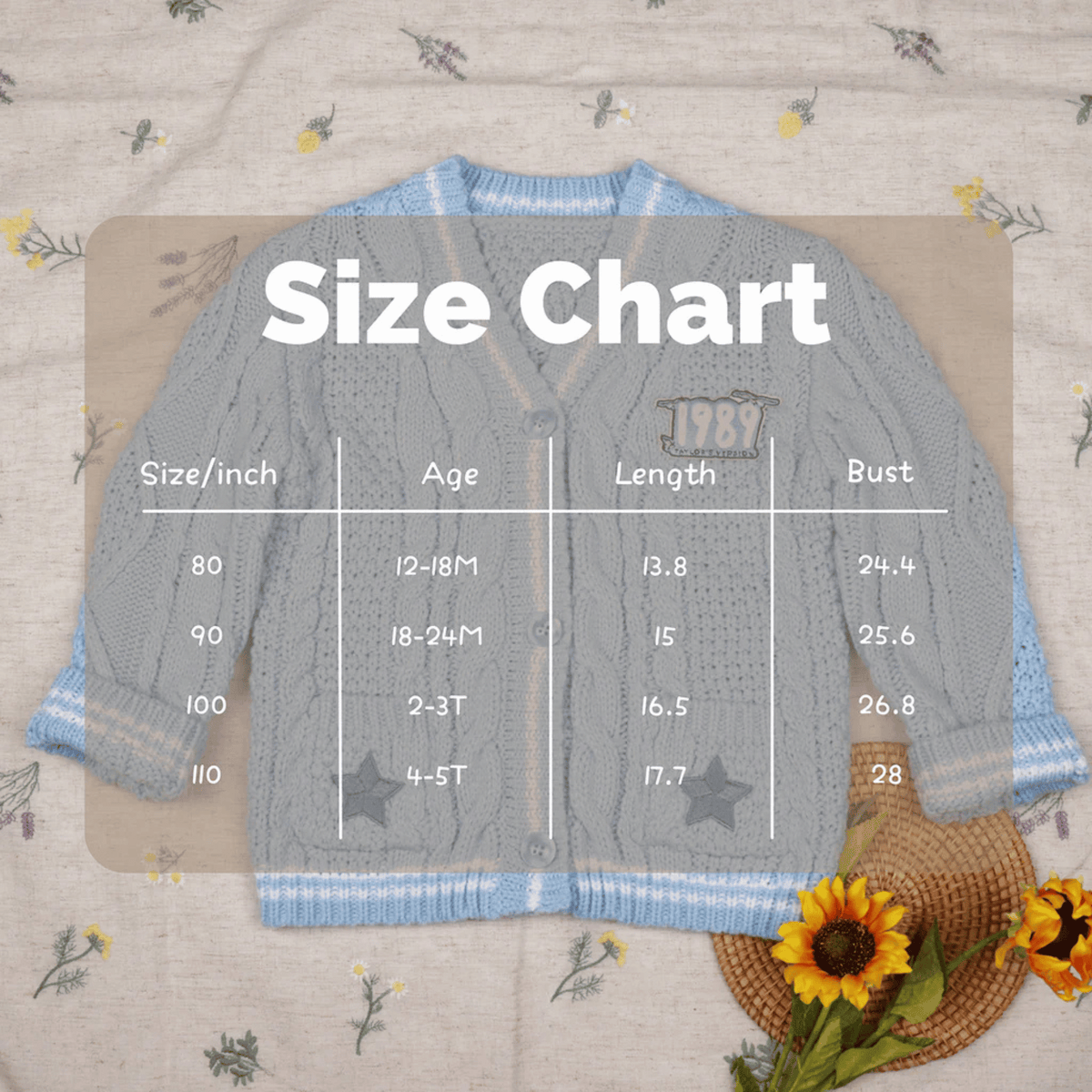 Size chart for a child's sweater on a floral background with sunflowers.