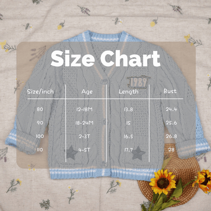 Size chart for a child's sweater on a floral background with sunflowers.