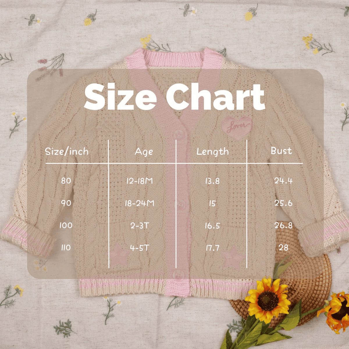 Size chart for a child's sweater with measurements on a floral background