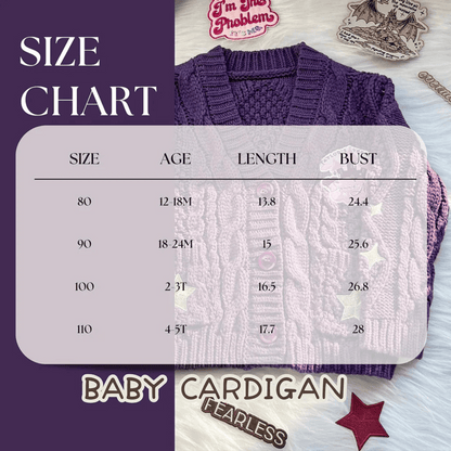 Baby cardigan size chart with measurements on a purple background