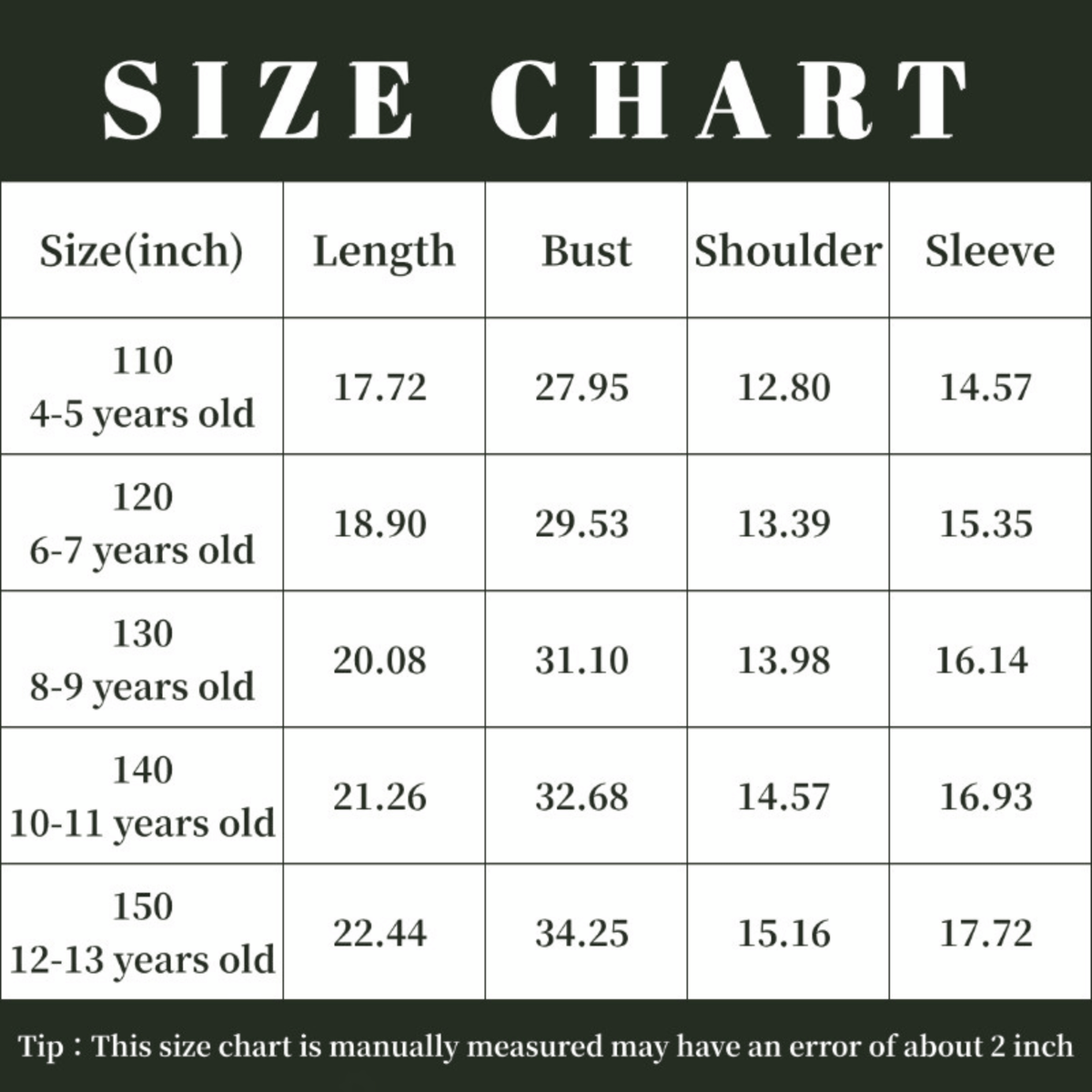 Size chart for clothing measurements in inches