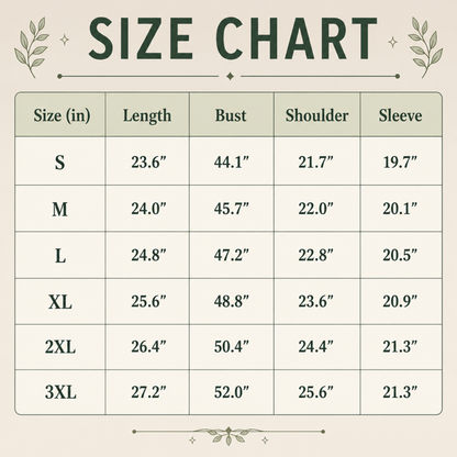 A size chart table with columns for Size (in), Length, Bust, Shoulder, and Sleeve. The chart shows sizes S through 3XL with measurements in inches on a light beige background with a dark green 'SIZE CHART' heading and decorative leaf motifs.